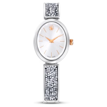 Crystal Rock Oval watch, Swiss Made, Metal bracelet, White, Stainless steel - Swarovski, 5656878