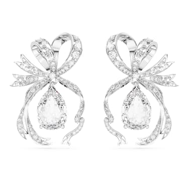 Volta drop earrings, Pear cut, Bow, White, Rhodium plated - Swarovski, 5657992