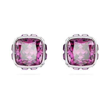 Birthstone stud earrings, Square cut, February, Pink, Rhodium plated - Swarovski, 5660797
