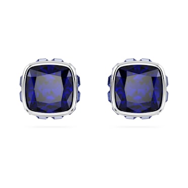 Birthstone stud earrings, Square cut, September, Blue, Rhodium plated - Swarovski, 5660803