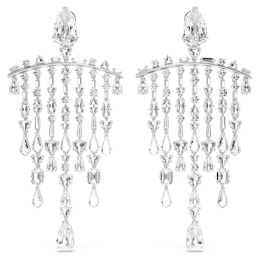Mesmera clip earrings, Mixed cuts, Chandelier, Extra long, White, Rhodium plated - Swarovski, 5661686