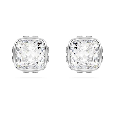 ต่างหูเม็ดเดี่ยว Birthstone, เจียระไนทรงสี่เหลี่ยมจัตุรัส, เมษายน, ขาว, เคลือบโรเดียม - Swarovski, 5661957