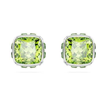 Birthstone ต่างหูเม็ดเดี่ยว, เจียระไนทรงสี่เหลี่ยมจัตุรัส, สิงหาคม, เขียว, เคลือบโรเดียม - Swarovski, 5661958