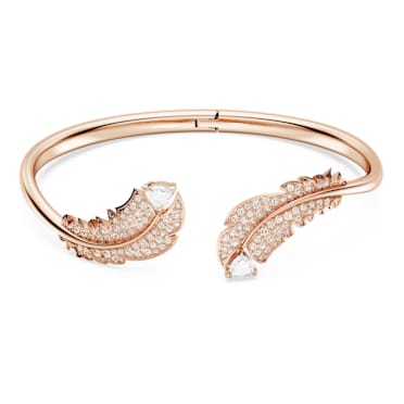 Idyllia bangle, Feather, White, Rose gold-tone plated - Swarovski, 5663478