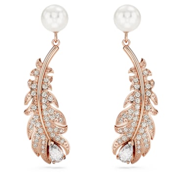 Idyllia drop earrings, Crystal pearl, Mixed cuts, Feather, White, 18K rose gold finish - Swarovski, 5663487