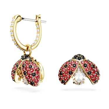 Idyllia 水滴形耳环, 非对称设计, 瓢虫, 红色, 镀金色调 - Swarovski, 5666131