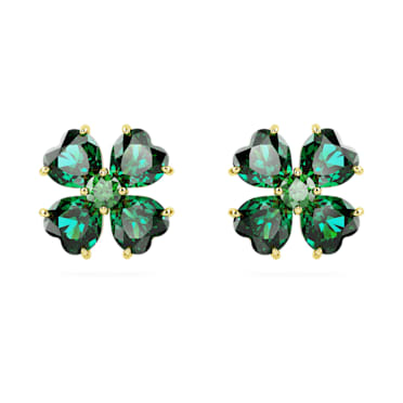 Idyllia stud earrings, Clover, Green, Gold-tone plated - Swarovski, 5666236