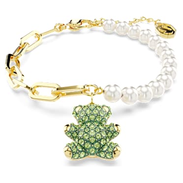 Teddy สร้อยข้อมือ, มุกคริสตัล, หมี, เขียว, เคลือบโทนสีทอง - Swarovski, 5669167