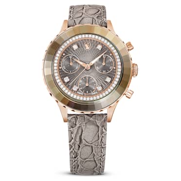 Octea Chrono นาฬิกา, Swiss Made, สายหนัง, เทา, เคลือบโทนสีโรสโกลด์ - Swarovski, 5671153