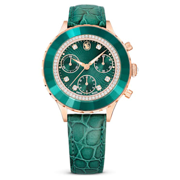 Zegarek Octea Chrono, Swiss Made, Skórzany pasek, Zielony, Powłoka w odcieniu różowego złota - Swarovski, 5672931