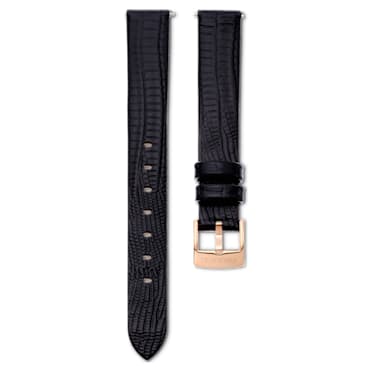 Watch strap, 13 mm (0.51") width, Leather with stitching, Black, Rose gold-tone finish - Swarovski, 5674160