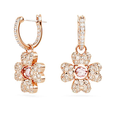 Brincos compridos Idyllia, Trevo de quatro folhas, Branco, Acabamento em ouro rosa de 18 quilates - Swarovski, 5674212