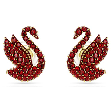 Swan stud earrings, Crystal pearl, Swan, Red, 18K gold finish - Swarovski, 5677597