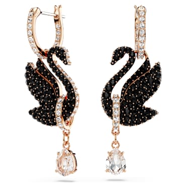 Brincos compridos Swan, Cisne, Pretos, Acabamento em ouro rosa de 18 quilates - Swarovski, 5678047