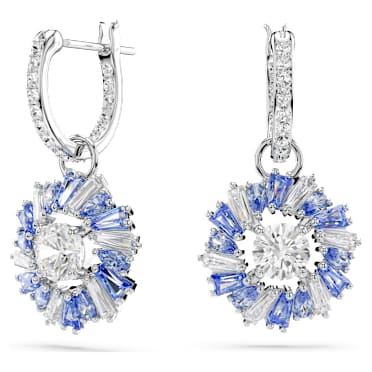 Idyllia drop earrings, Mixed cuts, Flower, Blue, Rhodium plated - Swarovski, 5680016