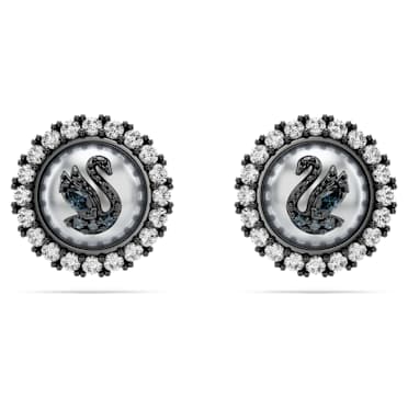 Clous d'oreilles Swan, Perle de cristal, Cygne, Grises, Métal plaqué ruthénium - Swarovski, 5680848