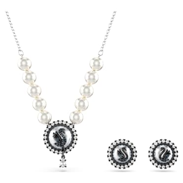 Swan set, Crystal pearl, Swan, Gray, Rhodium plated - Swarovski, 5680875
