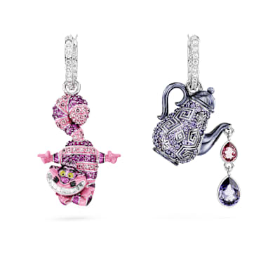 Brincos compridos Alice in Wonderland, Design assimétrico, Gato e bule, Multicor, Lacado a ródio - Swarovski, 5682806