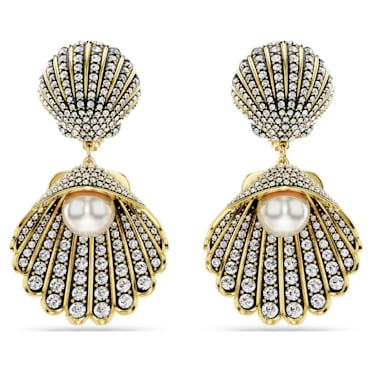 Idyllia clip earrings, Crystal pearl, Shell, White, Gold-tone plated - Swarovski, 5683946
