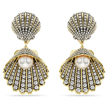 Pendientes de clip Idyllia, Perla de cristal, Concha de mar, Blancos, Baño tono oro - Swarovski, 5683946
