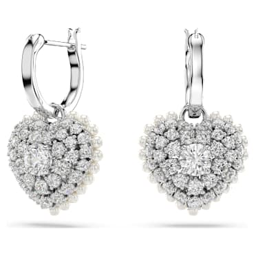 Idyllia ต่างหูทรงหยดน้ำ, มุกคริสตัล, หัวใจ, ขาว, เคลือบโรเดียม - Swarovski, 5684384