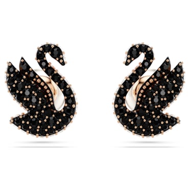 Σκουλαρίκια με καραφάκι Swarovski Swan, Κύκνος, Μαύρα, Επιμετάλλωση σε ροζ χρυσαφί τόνο - Swarovski, 5684608
