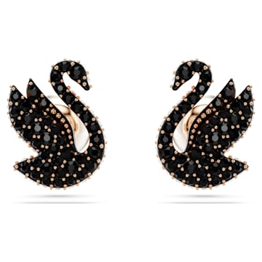 Swan ต่างหูเม็ดเดี่ยว, มุกคริสตัล, หงส์, ดำ, เคลือบโทนสีโรสโกลด์ - Swarovski, 5684608