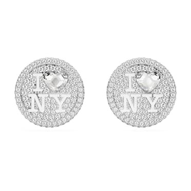 Pendientes de botón I LOVE NY, Blancos, Baño de rodio - Swarovski, 5687032