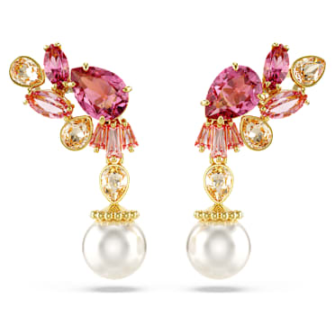 Gema ต่างหูทรงหยดน้ำ, เจียระไนหลากหลายรูปแบบ, Crystal Pearls, ดอกไม้, ชมพู, เคลือบโทนสีทอง - Swarovski, 5688486