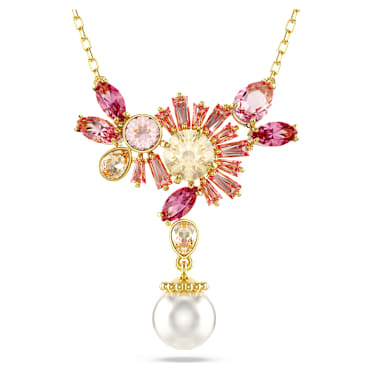Gema จี้สร้อยคอ, เจียระไนหลากหลายรูปแบบ, Crystal Pearl, ดอกไม้, ชมพู, เคลือบโทนสีทอง - Swarovski, 5688490