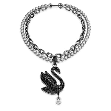 Swan 頸鏈和胸針, 水晶珍珠, 天鵝, 黑色, 鍍黑鉻色 - Swarovski, 5688747