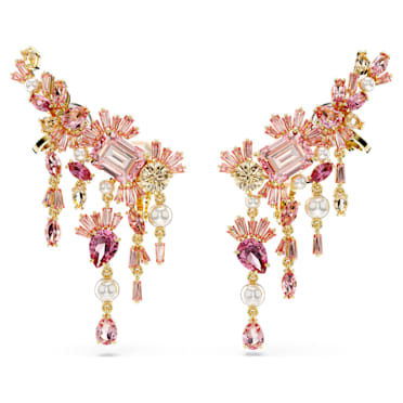 Gema drop earrings, Mixed cuts, Chandelier, Flower, Pink, Gold-tone plated - Swarovski, 5688774