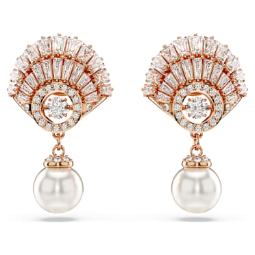 Idyllia drop earrings, Crystal pearl, Shell, White, 18K rose gold finish - Swarovski, 5689196