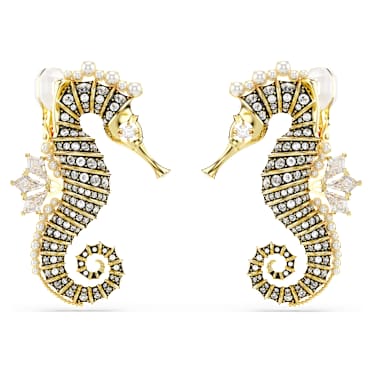 Boucles d'oreilles clip Idyllia, Perle de cristal, Hippocampe, Blanches, Placage de ton or - Swarovski, 5690097