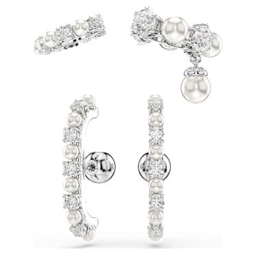 Matrix ต่างหูแบบ Cuff, เซ็ต (3 ชิ้น), Crystal Pearl, เหลี่ยมเจียระไน Round, ขาว, เคลือบโรเดียม - Swarovski, 5691715