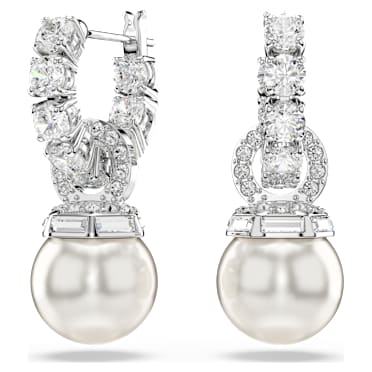 Matrix ต่างหูทรงหยดน้ำ, มุกคริสตัล, เจียระไนทรงกลม, ขาว, เคลือบโรเดียม - Swarovski, 5691716