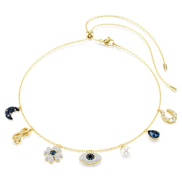 Symbolica choker, Crystal Pearl, Maan, oneindigheidssymbool, klaver, boze oog en hoefijzer, Blauw, Goudkleurige toplaag - Swarovski, 5692164