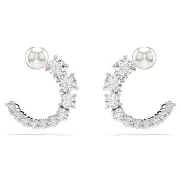 Matrix ต่างหูแบบห่วง, มุกคริสตัล, เจียระไนทรงกลม, ขาว, เคลือบโรเดียม - Swarovski, 5692260