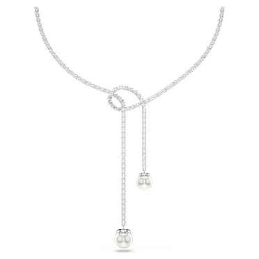 Matrix สร้อยคอรูปตัว Y, มุกคริสตัล, เจียระไนทรงกลม, ขาว, เคลือบโรเดียม - Swarovski, 5692416