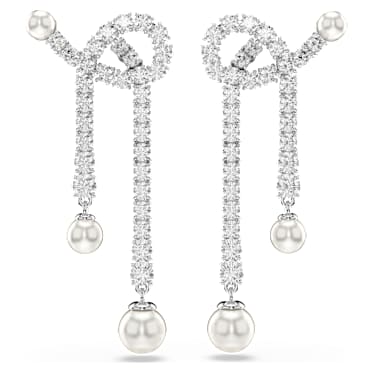 Matrix drop earrings, Crystal pearl, Round cut, White, Rhodium plated - Swarovski, 5692417