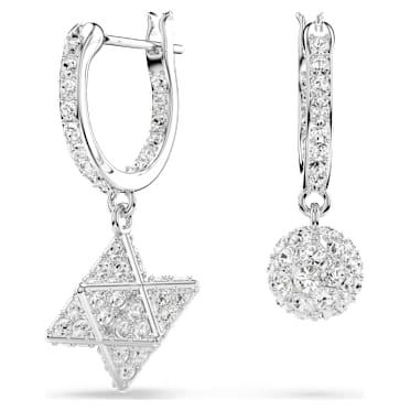 Dextera drop earrings, Asymmetrical design, Round cut, Star and sphere, White, Rhodium plated - Swarovski, 5693194