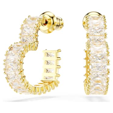 Matrix ต่างหูแบบห่วง, เจียระไนทรง Baguette, หัวใจ, ขนาดเล็ก, ขาว, เคลือบโทนสีทอง - Swarovski, 5693512