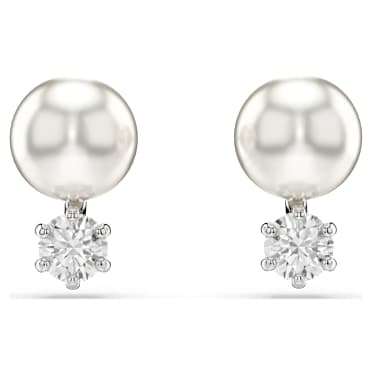 Matrix ต่างหูเม็ดเดี่ยว, มุกคริสตัล, เจียระไนทรงกลม, ขาว, เคลือบโรเดียม - Swarovski, 5694225