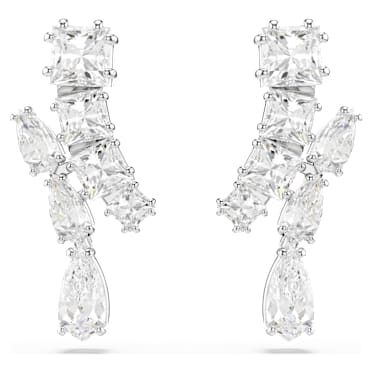 Matrix drop earrings, Mixed cuts, White, Rhodium plated - Swarovski, 5700418