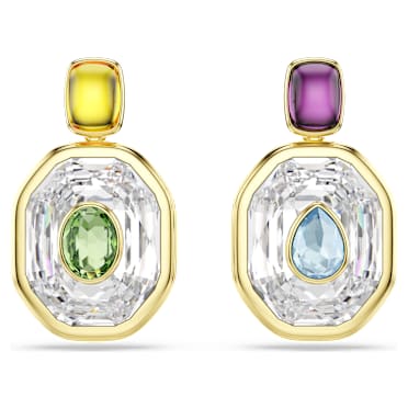 Chroma drop earrings, Asymmetrical design, Octagon cut, Multicolored, 18K gold finish - Swarovski, 5705582