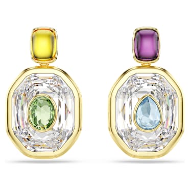 Chroma drop earrings, Asymmetrical design, Octagon cut, Multicolored, Gold-tone plated - Swarovski, 5705582