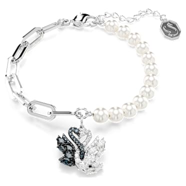 Swan สร้อยข้อมือ, มุกคริสตัล, หงส์, ดำ, เคลือบโลหะหลากชนิด - Swarovski, 5705720