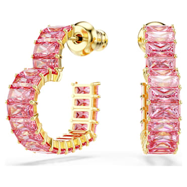 Matrix ต่างหูแบบห่วง, เจียระไนทรง Baguette, หัวใจ, ขนาดเล็ก, ชมพู, เคลือบโทนสีทอง - Swarovski, 5706340