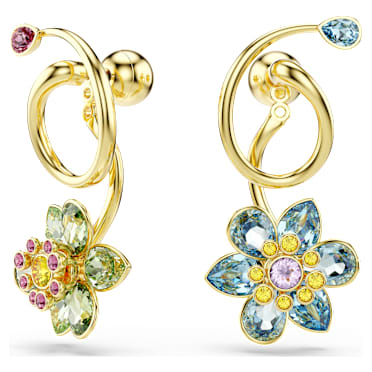 Idyllia drop earrings, Asymmetrical design, Mixed cuts, Flower, Multicoloured, Gold-tone plated - Swarovski, 5709025