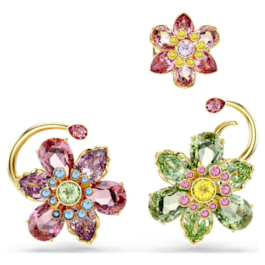Idyllia ear cuff, Set (3), Asymmetrical design, Mixed cuts, Flower, Multicolored, Gold-tone plated - Swarovski, 5709026
